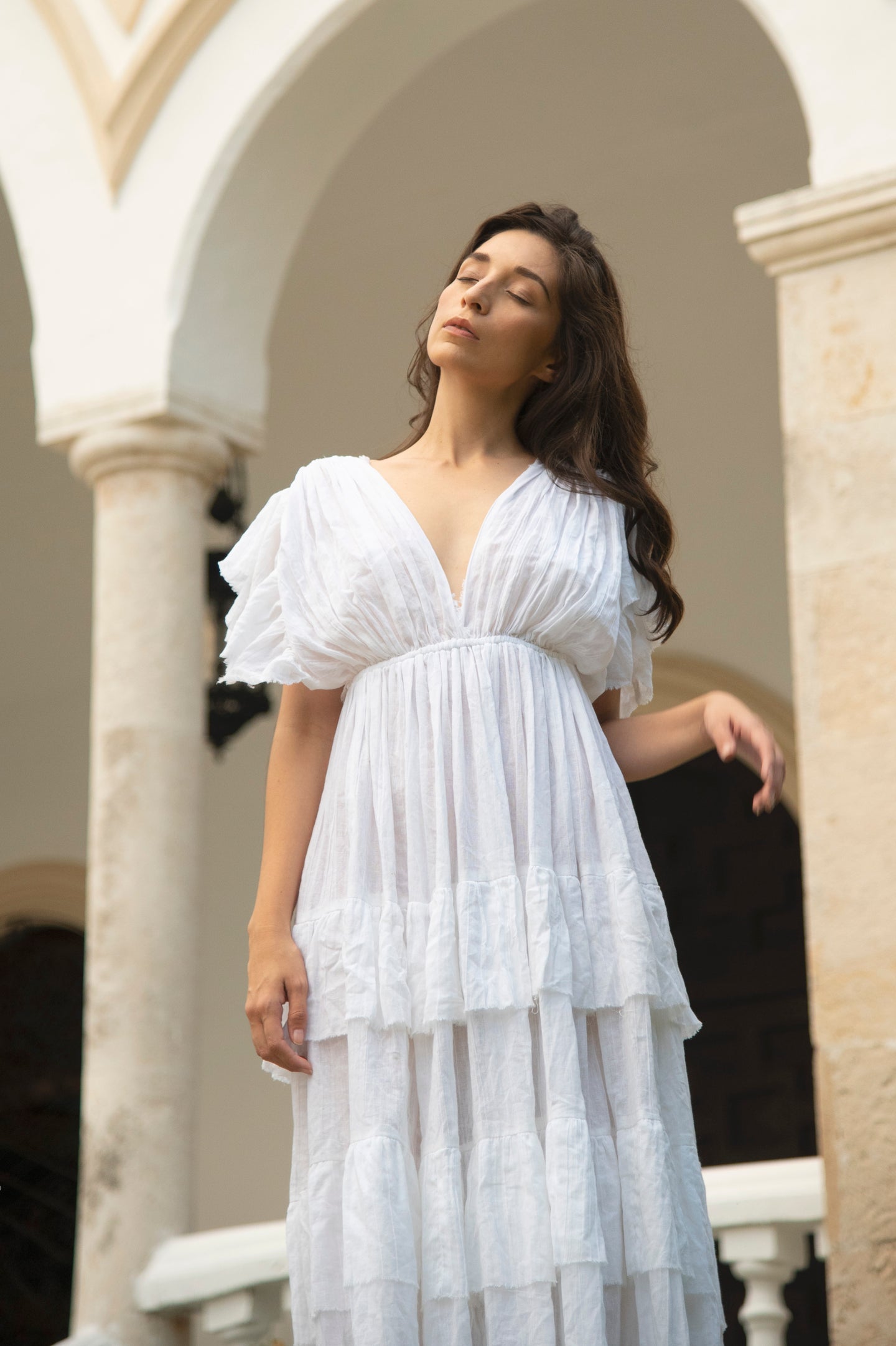 Helene Statement Sleeve White Cotton Gown